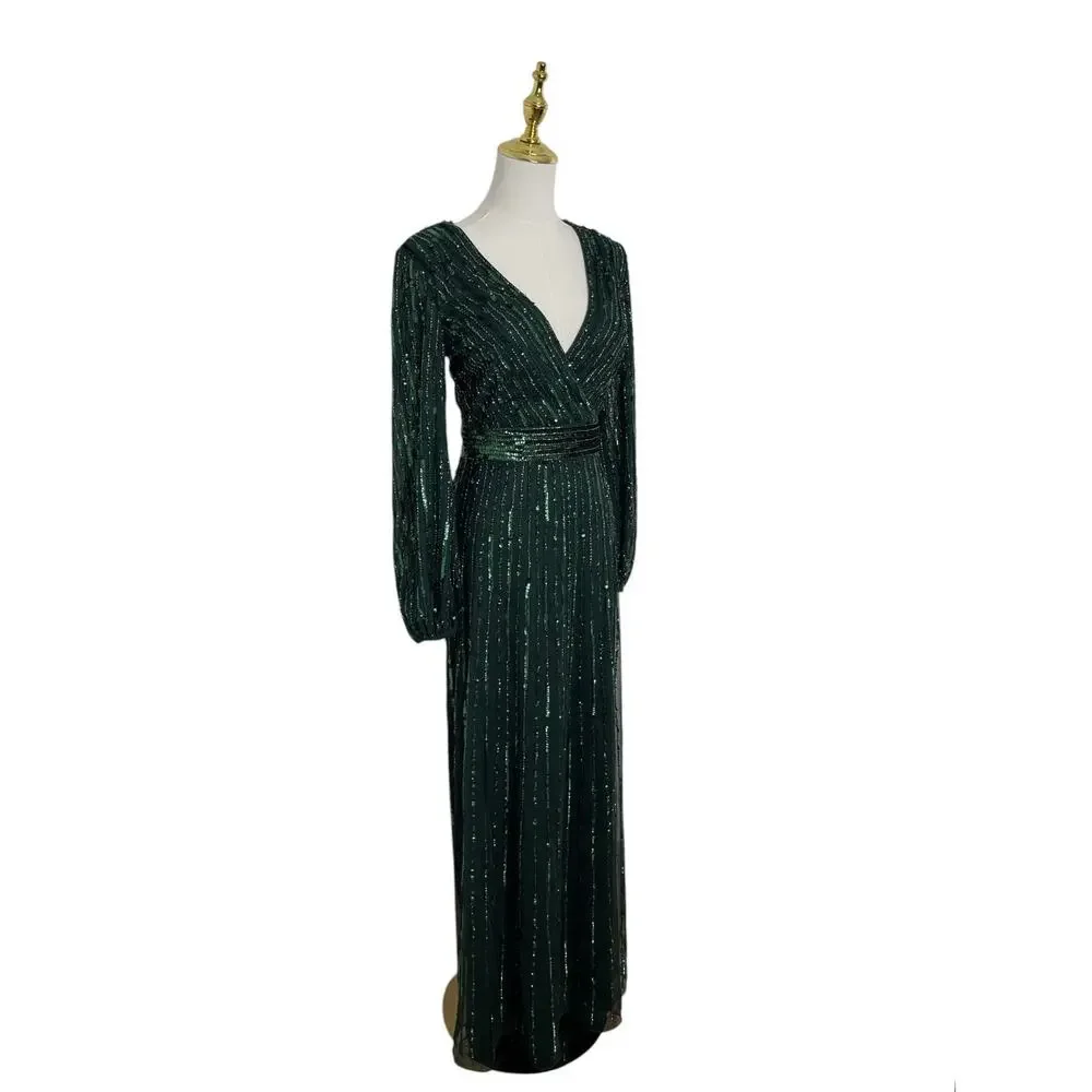 Mac Duggal 5718 Long Sleeve Sequin Gown Dark Green Size 4 $598 - Picture 4 of 7